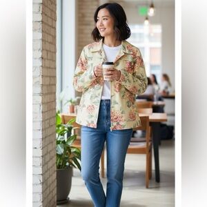 Appleseed’s Women's Floral Denim Jacket, size Large yellow, Green, Pink
